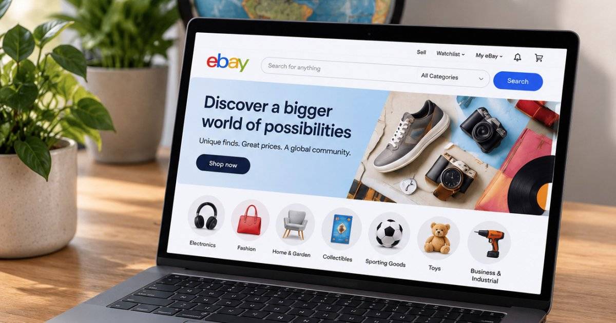 Регистрация на eBay: сайт eBay на экране ноутбука