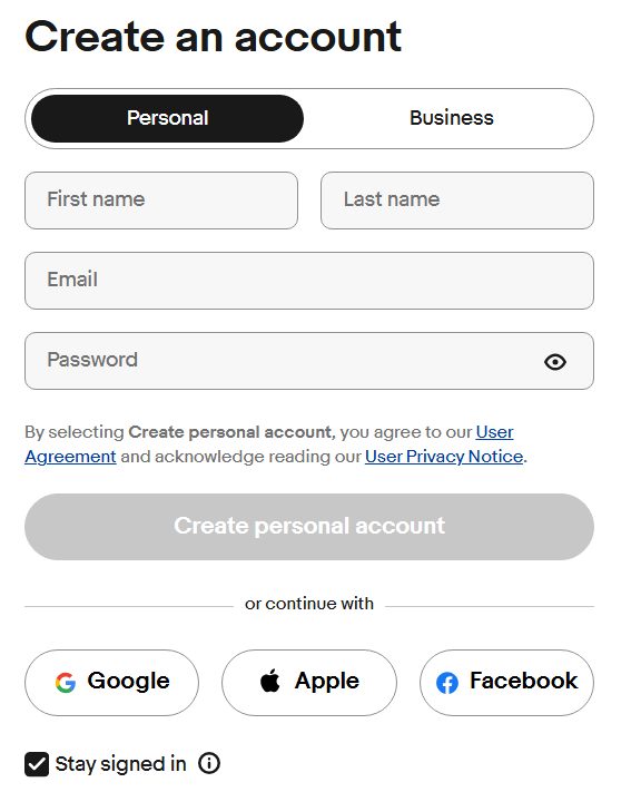 Форма создания аккаунта на eBay Форма создания аккаунта на eBay